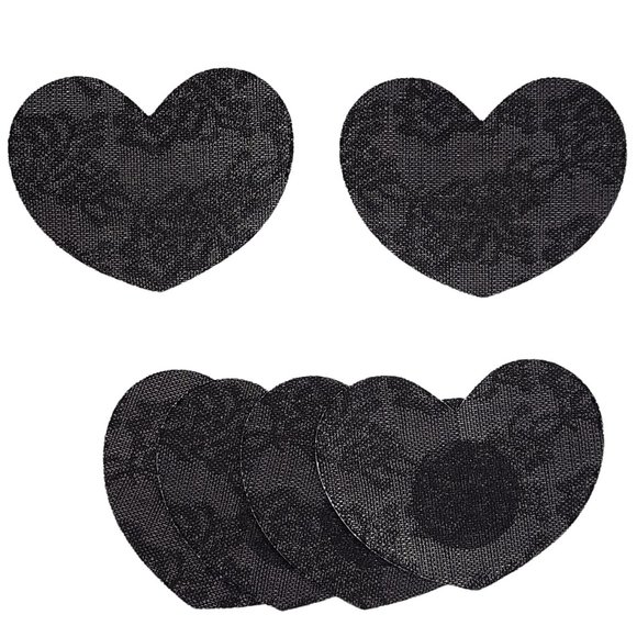 Heart Shaped Pasties Nipple Covers Self Adhesive 3 Pair Black - Picture 1 of 5